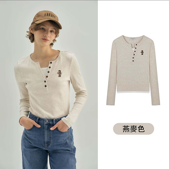 V領假兩件長袖小熊上衣-兩色預購