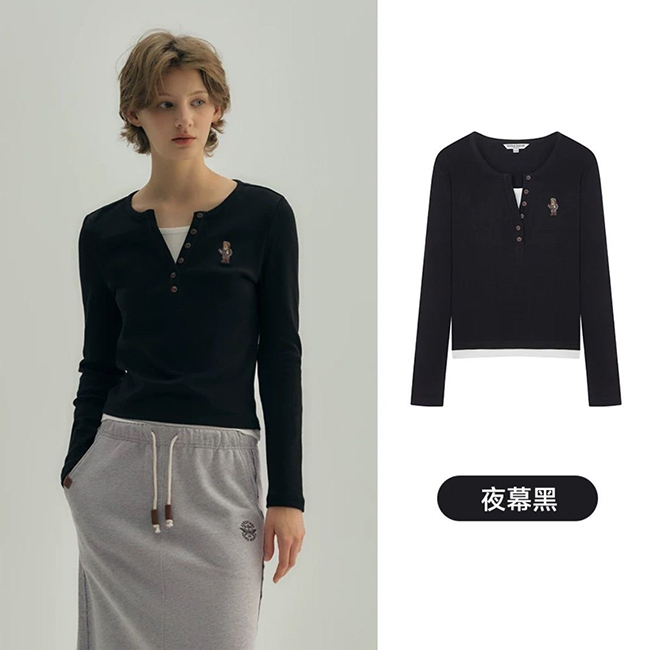 V領假兩件長袖小熊上衣-兩色預購