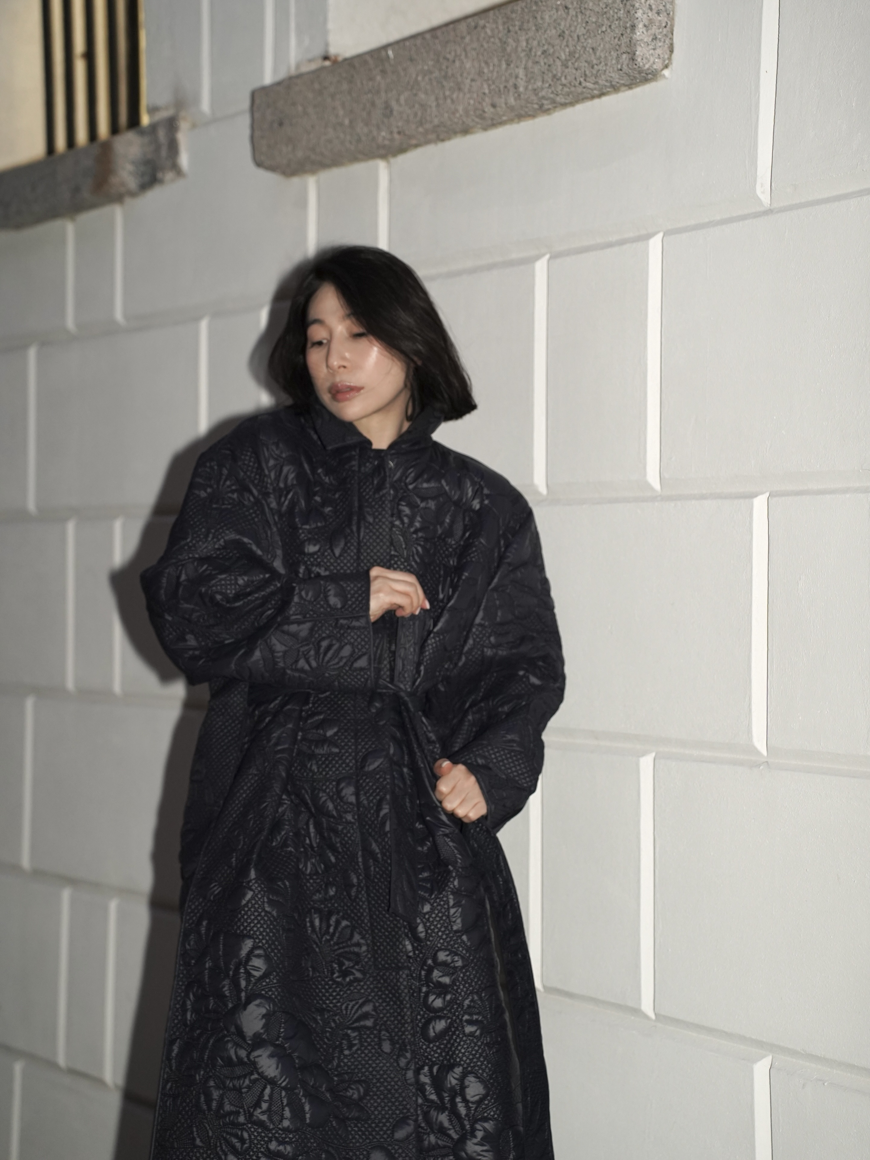 HANAA 初秋新款絎縫花卉紋理大廓形雙層夾棉外套