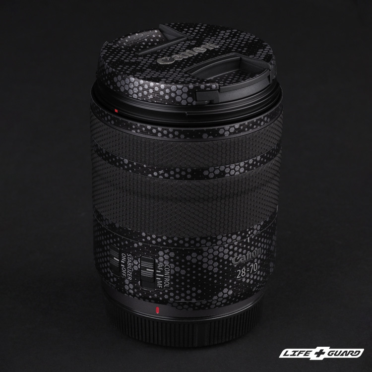 LIFE+GUARD Canon RF 28-70mm F2.8 鏡頭貼膜側面展示圖，LIFE+GUARD 風格設計