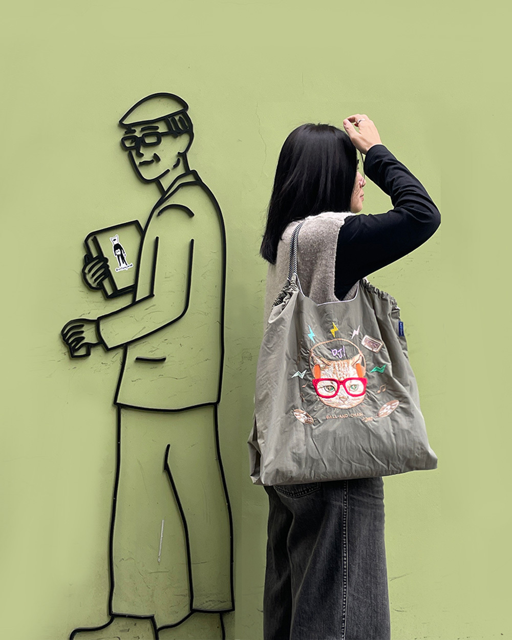 Ball＆Chain 刺繡環保購物袋 L號 - 灰 (31310629)