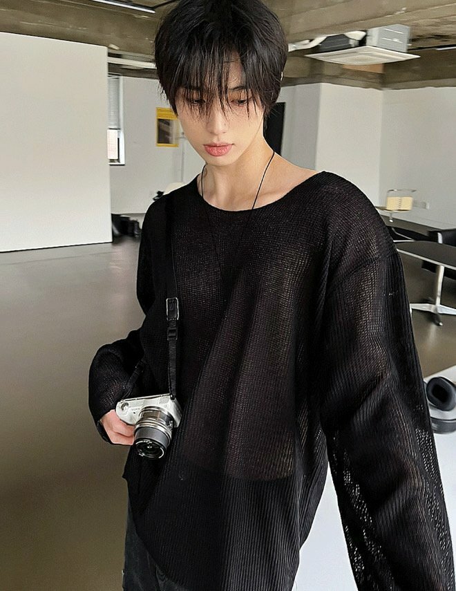 (韓國獨家特價)寬領網眼針織長袖上衣