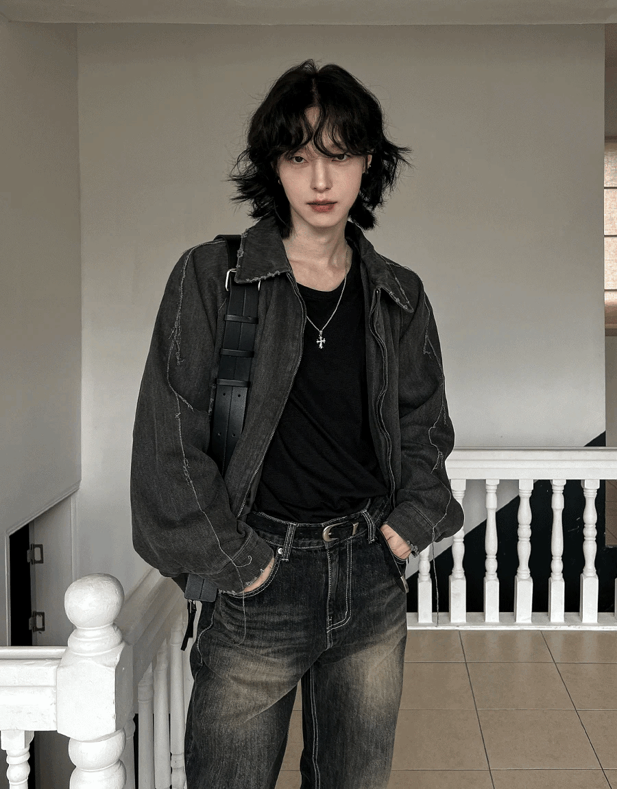 毛邊損壞設計水洗牛仔夾克