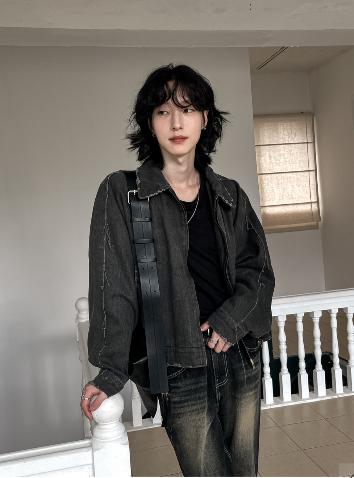 毛邊損壞設計水洗牛仔夾克