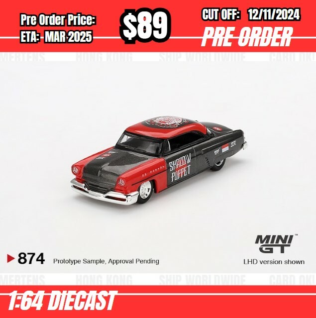 PO-$89  * Mini GT * 1:64 #874 Lincoln Capri Hot Rod 1954 "Shadow Puppet"   MINI GT x MIZU Diecast 2024 Blister Pack [OD30/10]