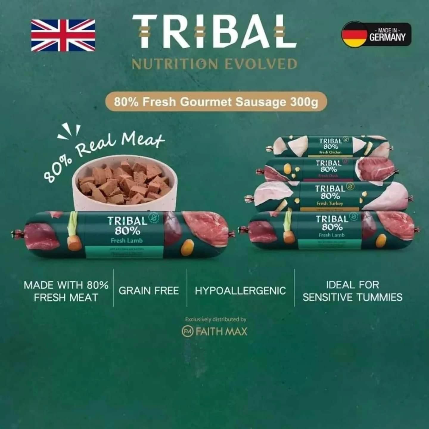 Tribal 80% Fresh Lamb Gourmet Sausage dog wet food 100g