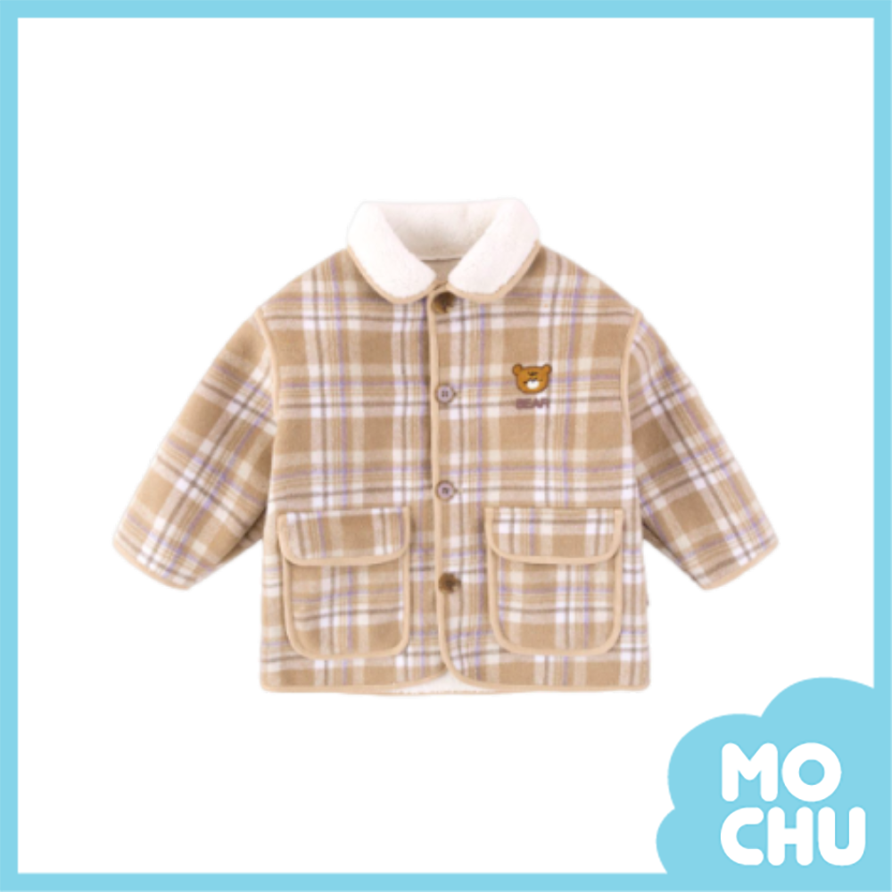 小熊格紋毛領加絨外套