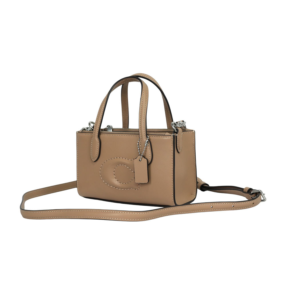 【COACH】Nina 銀釦縫線標誌小牛皮迷你手提/斜背二用包(奶茶色)CT804 SVTP