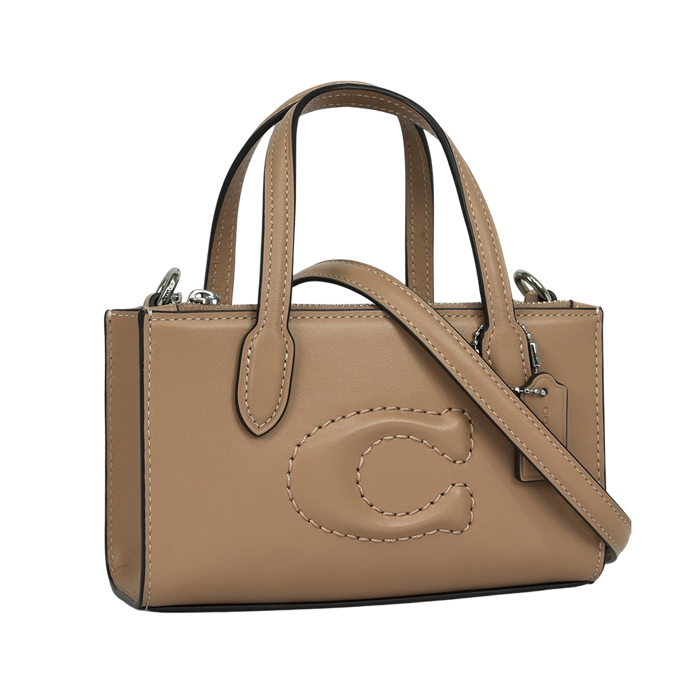 【COACH】Nina 銀釦縫線標誌小牛皮迷你手提/斜背二用包(奶茶色)CT804 SVTP