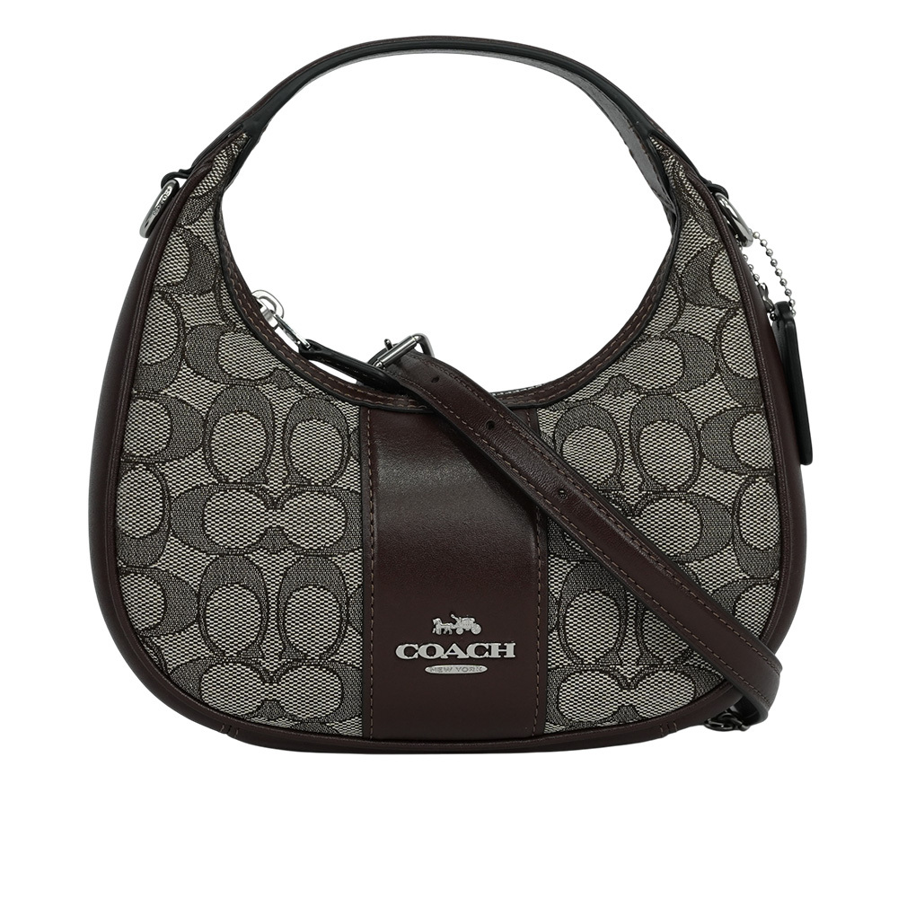 【COACH】Carmen 緹花布及皮革彎月造型迷你二用包(橡木/楓樹棕)CU984 SVS8S