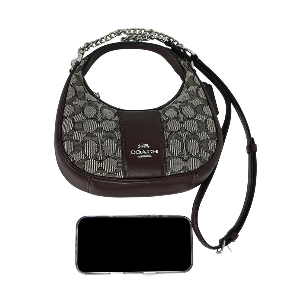 【COACH】Carmen 緹花布及皮革彎月造型迷你二用包(橡木/楓樹棕)CU984 SVS8S