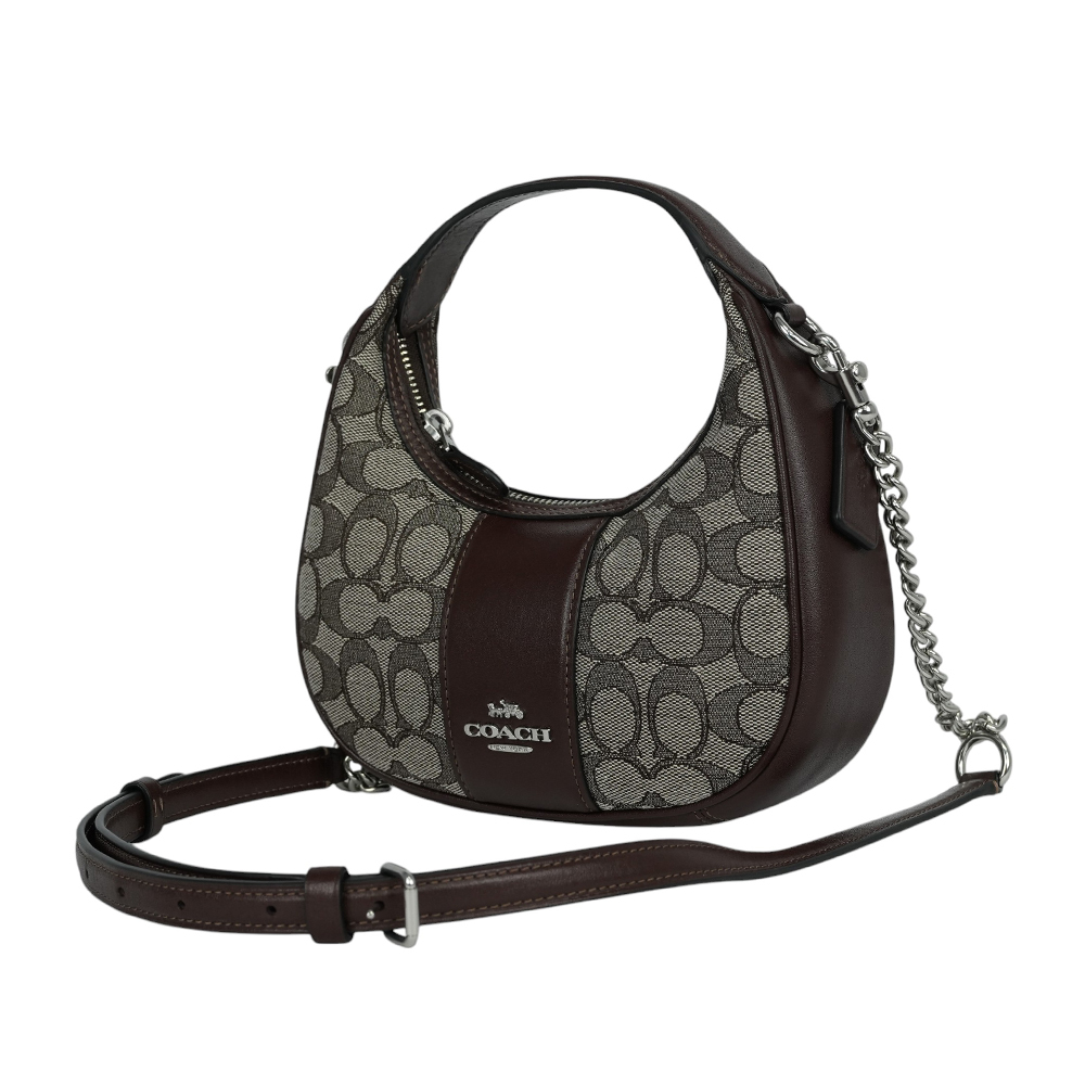 【COACH】Carmen 緹花布及皮革彎月造型迷你二用包(橡木/楓樹棕)CU984 SVS8S