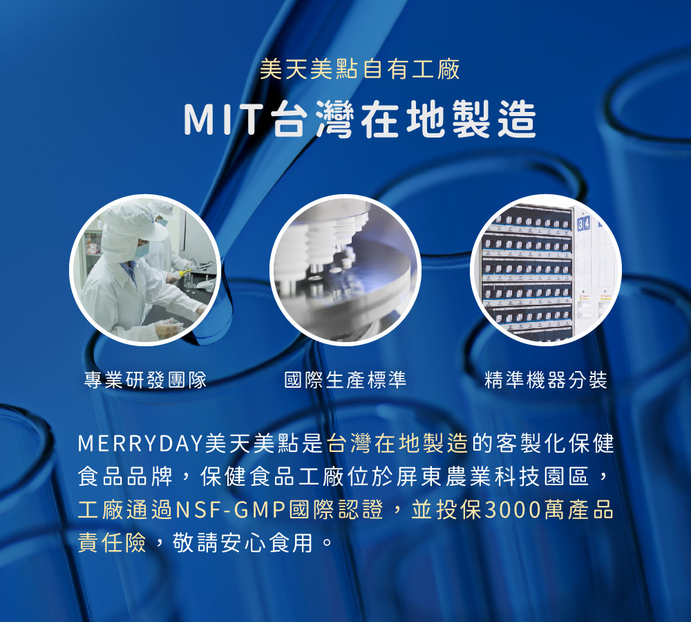 MERRYDAY美天美點擁有自有保健食品工廠,保健食品MIT台灣製造,工廠通過NSF-GMP等認證