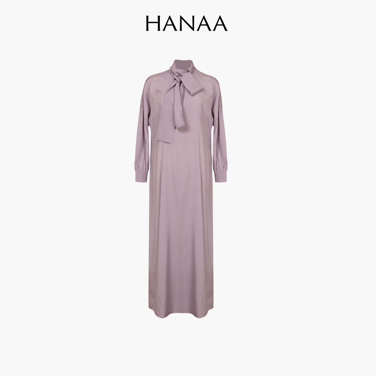 HANAA 新款真絲垂墜感紫色繫帶V領長袖連衣裙