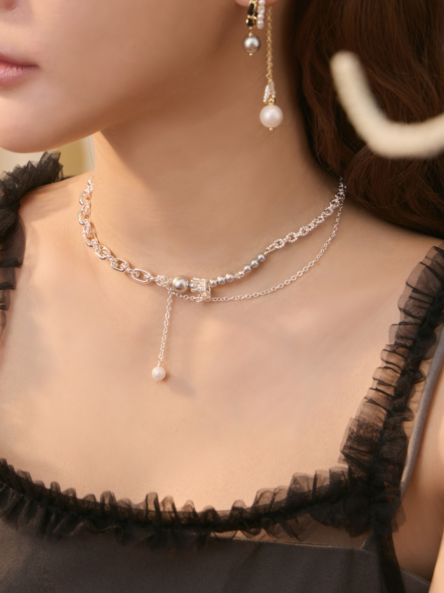 灰色的雨。MUCHAT手作珍珠皇冠麻花圈項鍊