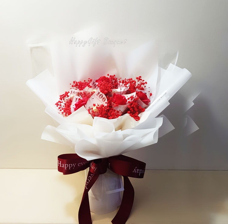 10朵玫瑰鈔票花束,白色包裝,桃園幸福禮物創意花店