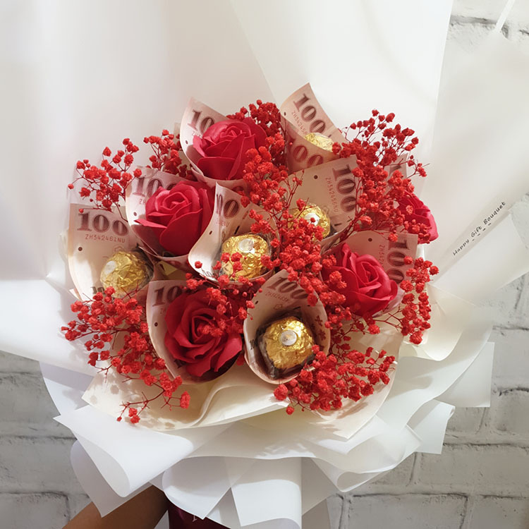 10朵玫瑰鈔票花束,白色包裝,桃園幸福禮物創意花店