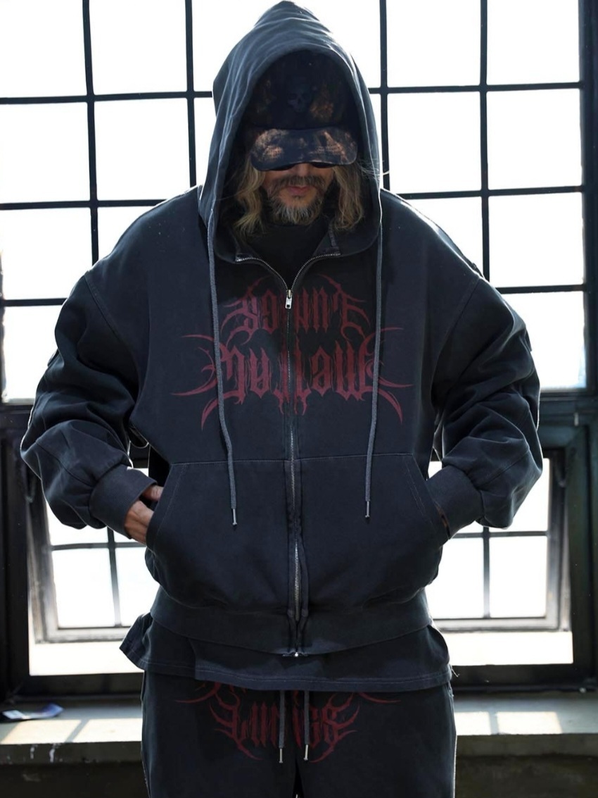 顏料刻字連帽拉鍊外套