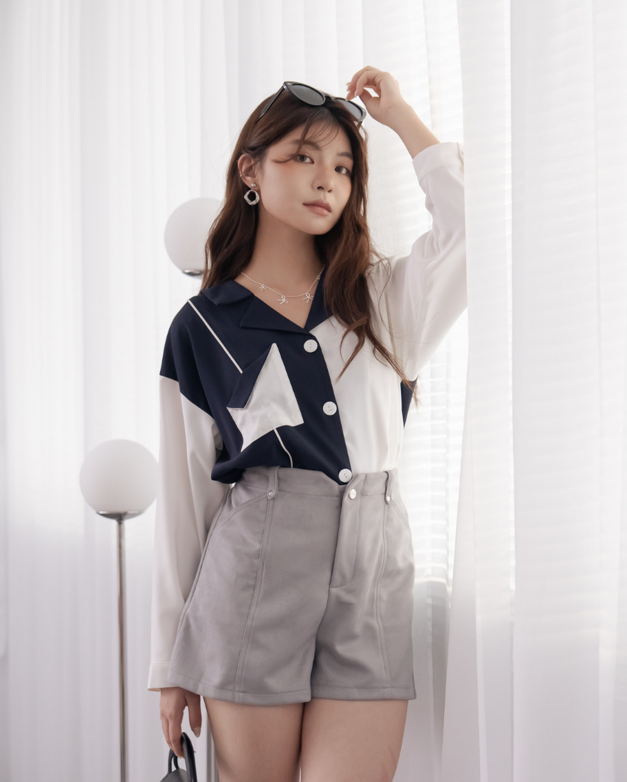 修身剪接質感麂皮短褲