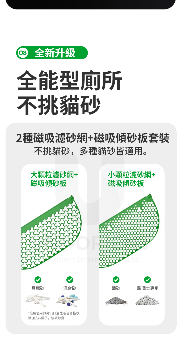 全新升級全能型廁所不挑貓砂2種磁吸濾砂網+磁吸傾砂板套裝不挑貓砂,多種貓砂皆適用。大顆粒濾砂網+磁吸傾砂板小顆粒濾砂網+磁吸傾砂板Orient EnterpLtd.豆腐砂混合砂礦砂膨潤土專用*推薦使用佩奇5合1活性碳混合貓砂,添加去味因子,強效除臭