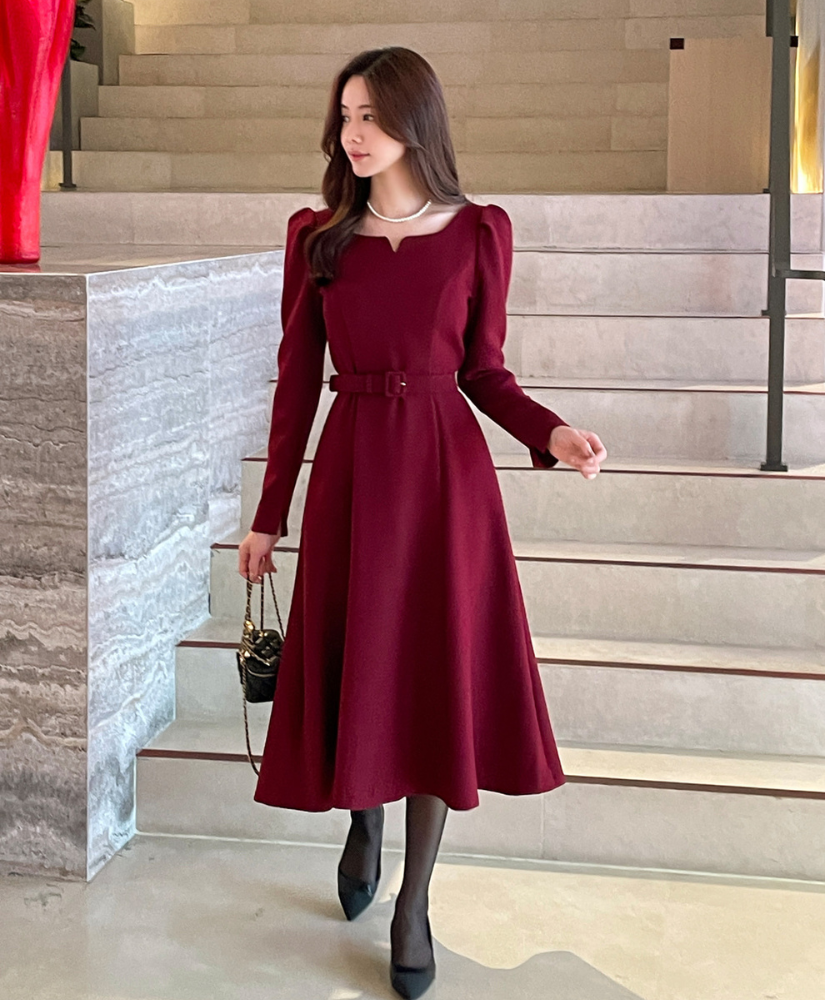 Scarlett 素色氣質花呢洋裝 [ 酒紅 / M,L ]