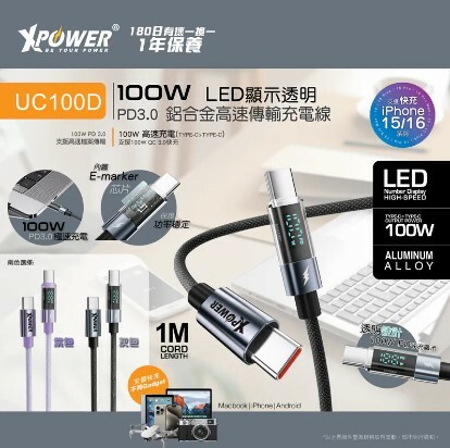 XPower UC100D 1M LED顯示 100W高速傳輸充電 Type-C>Type-C線