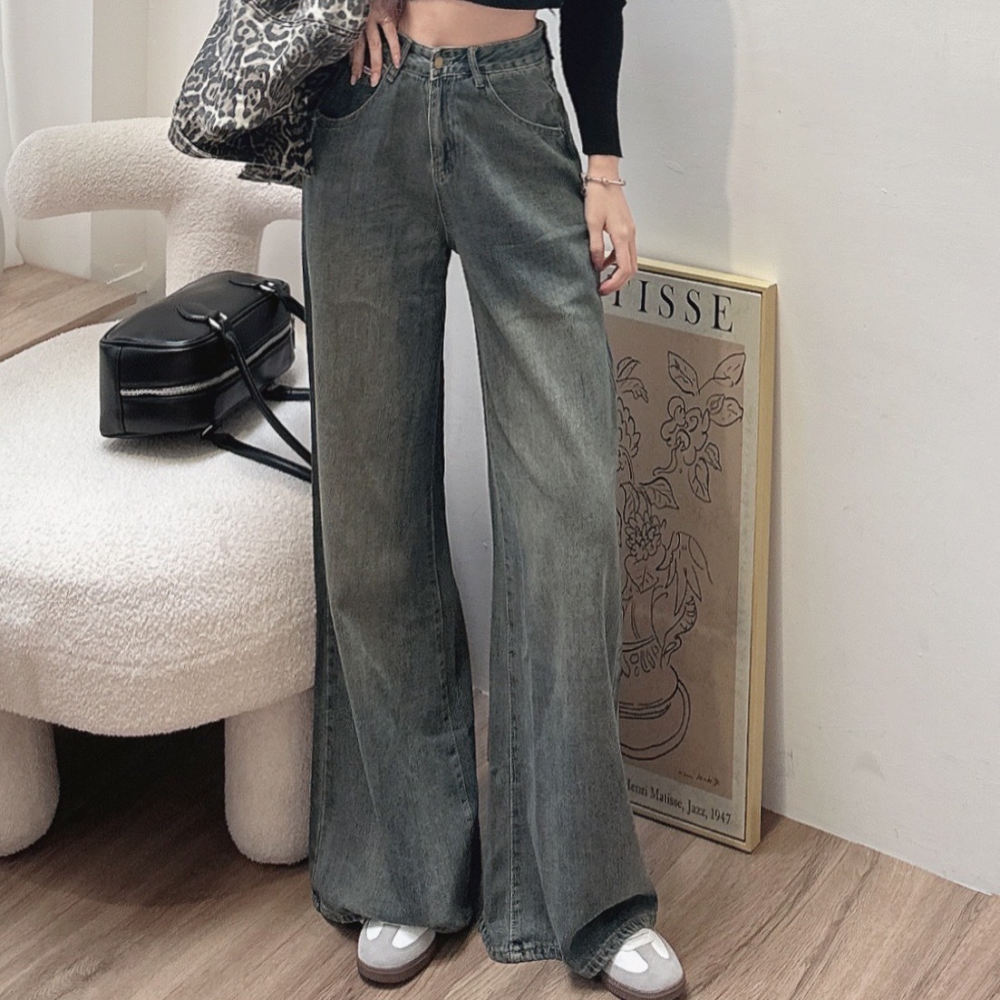 小皮標復古牛仔寬褲/單一色