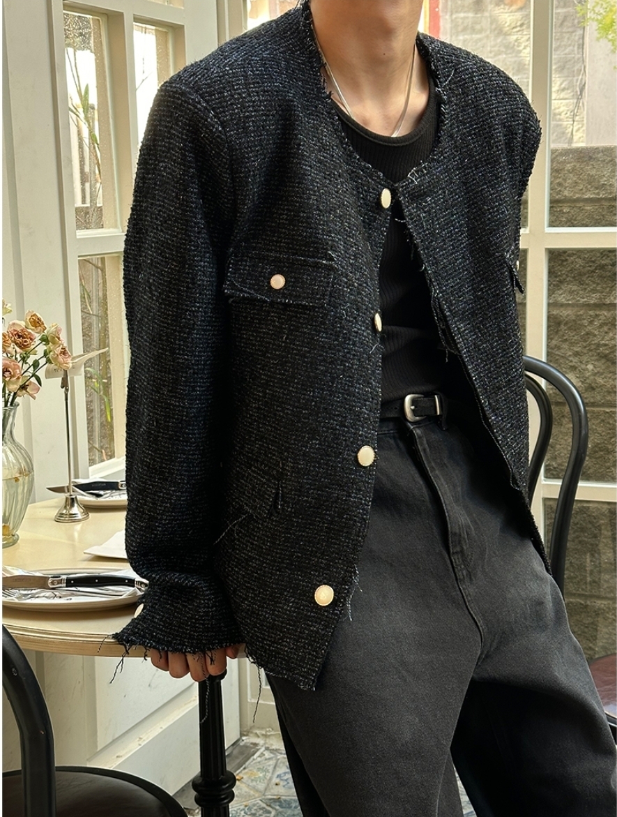 Miel 花呢針織毛邊夾克外套