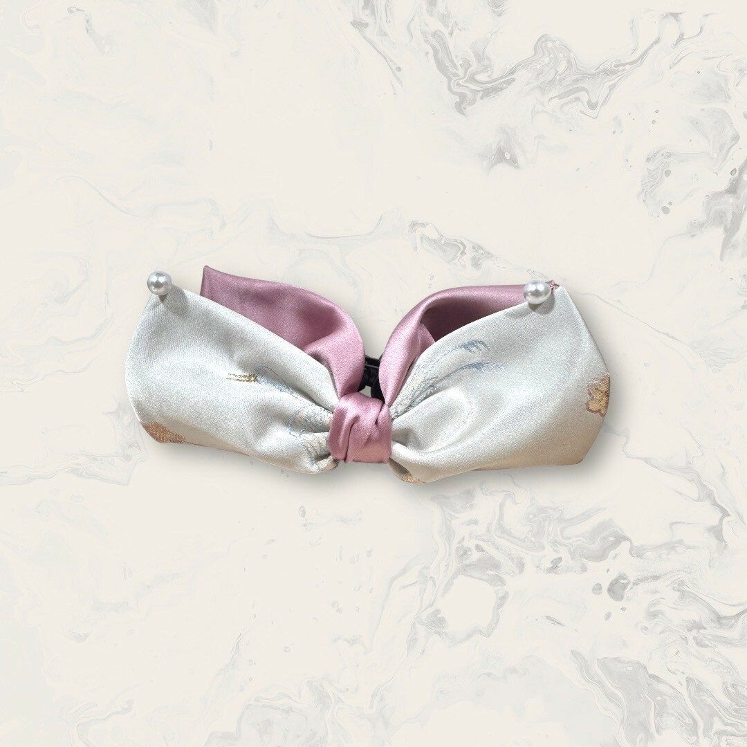 韓國直送髮飾 金線刺繡花花雙色蝴蝶結垂吊珍珠手工鯊魚夾