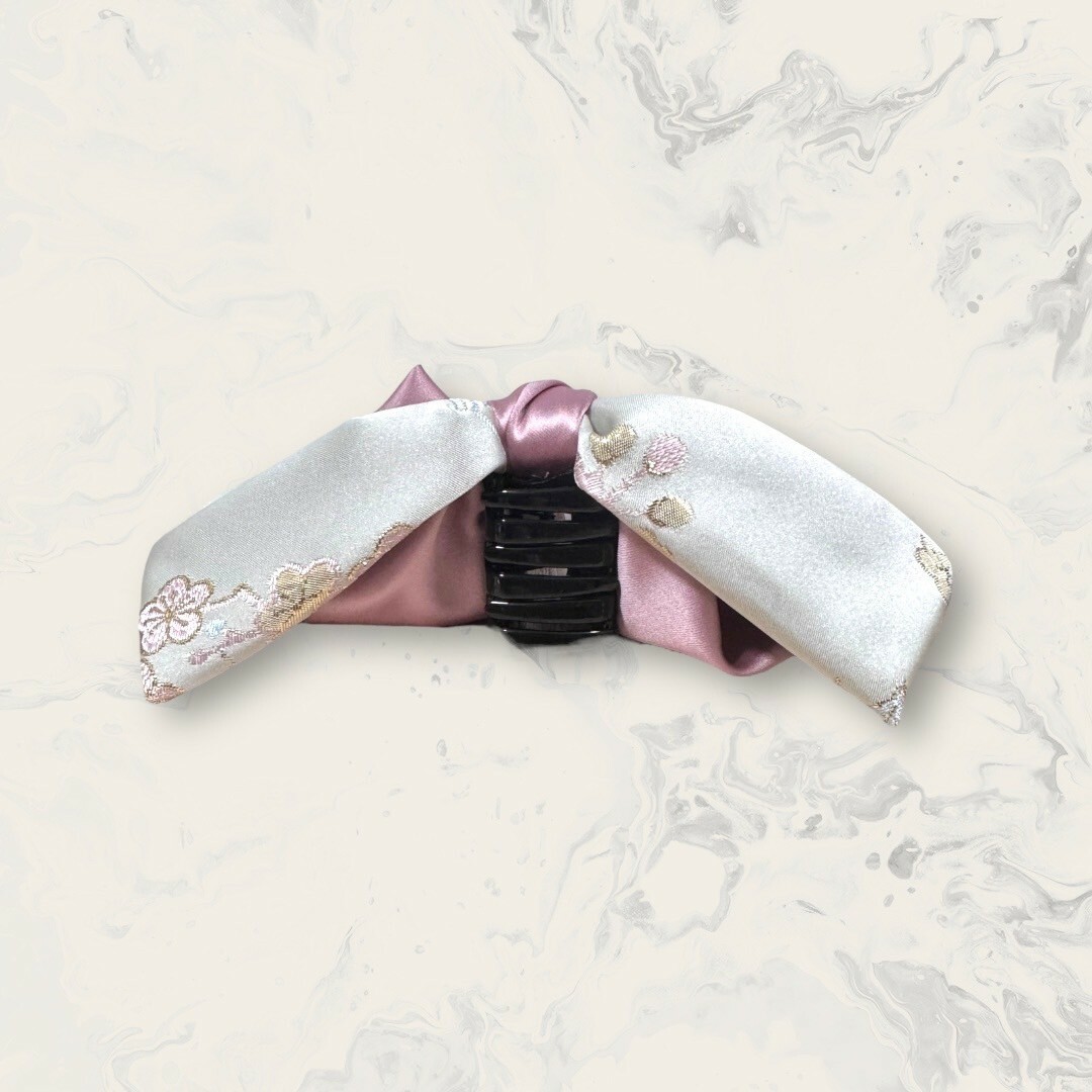 韓國直送髮飾 金線刺繡花花雙色蝴蝶結垂吊珍珠手工鯊魚夾