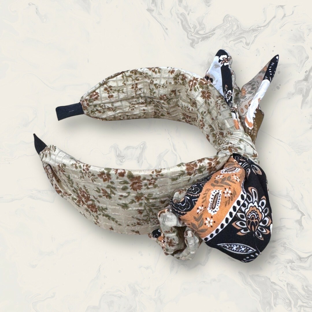 韓國直送髮飾 雙面 變形蟲+碎花布格紋雙層蝴蝶結手工髮箍