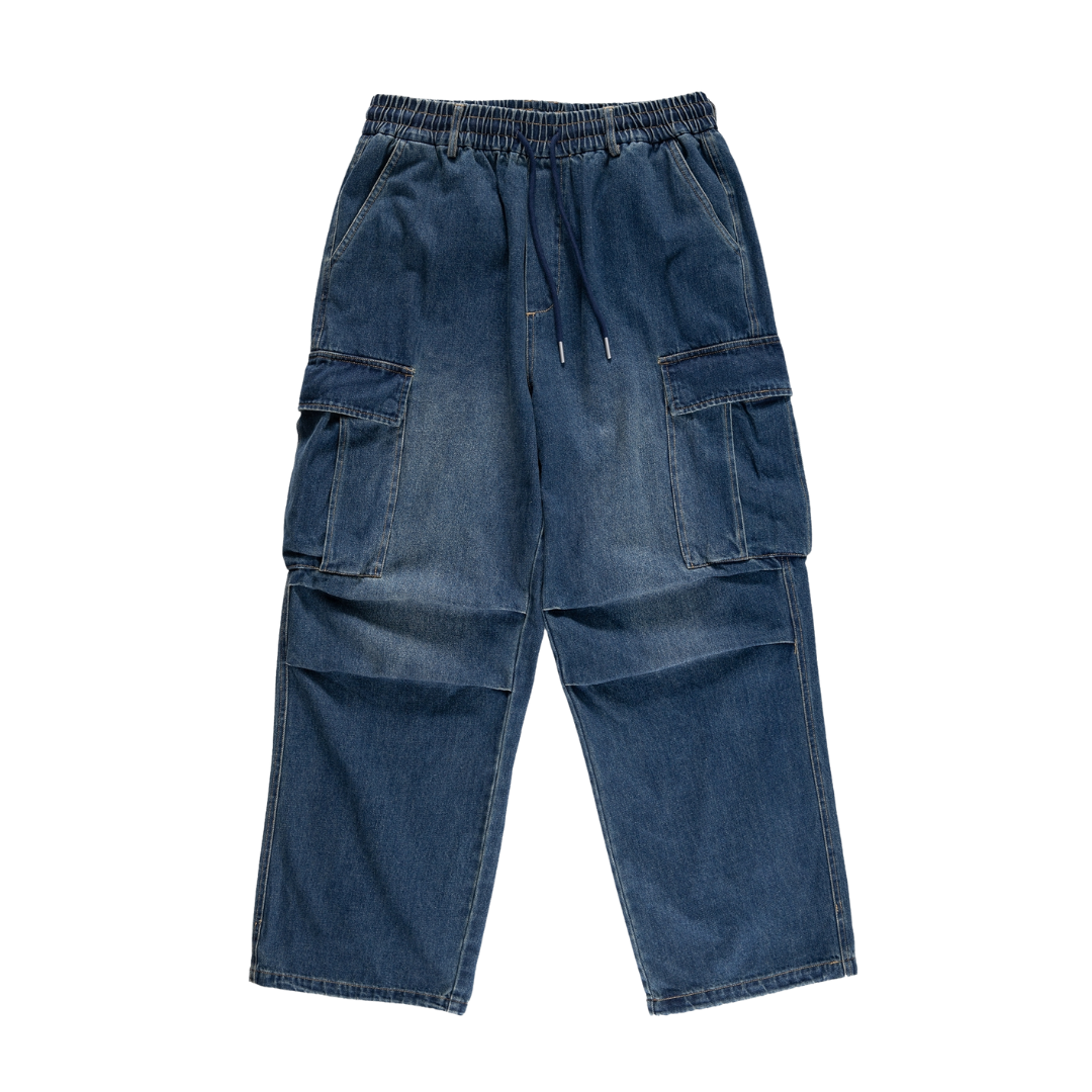 SALE- 水洗刷色 牛仔 長褲 寬鬆 口袋 工裝 山系工裝 藍色 黑色 【 FUZY 】- P202517