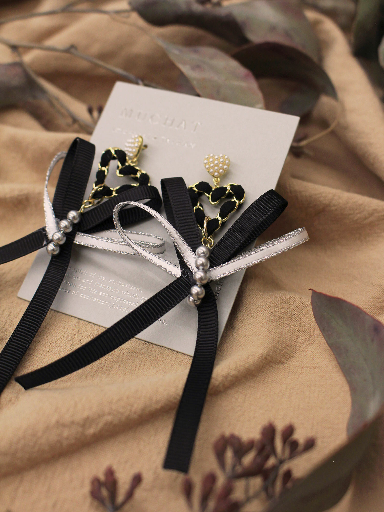 午夜心碎。MUCHAT手作14KGP珍珠愛心蝶結純銀針耳環