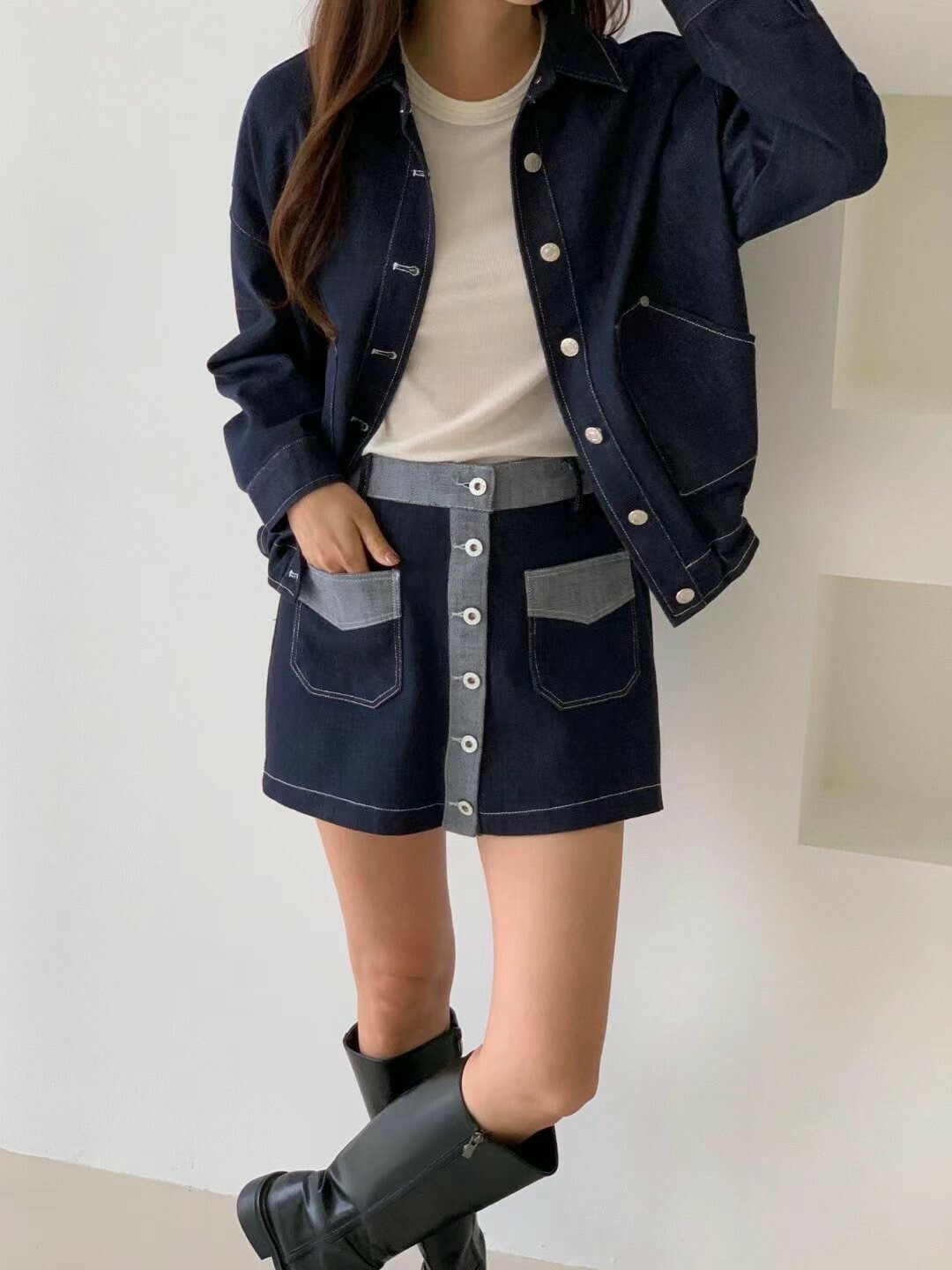 對比拚色牛仔褲裙