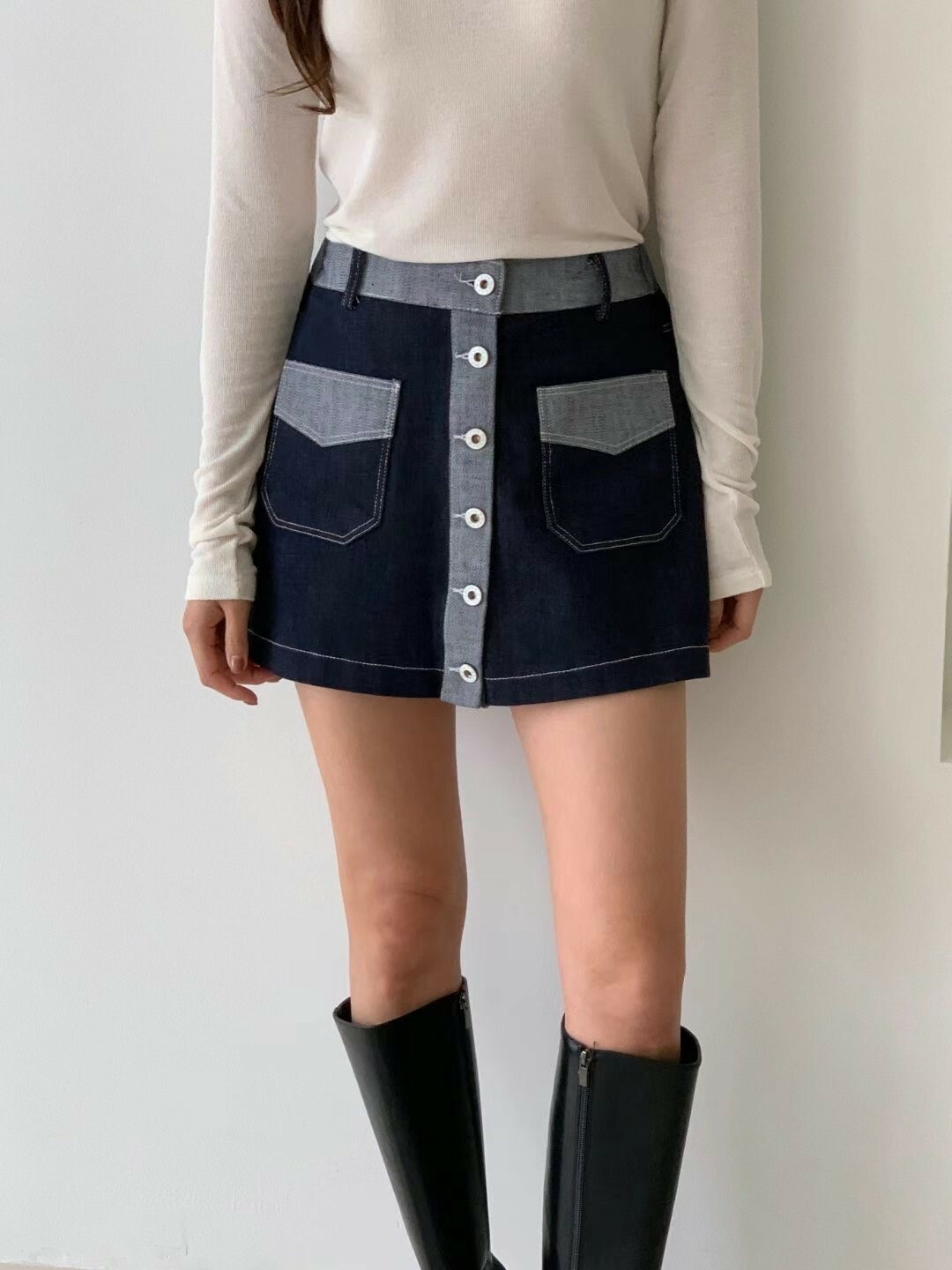 對比拚色牛仔褲裙