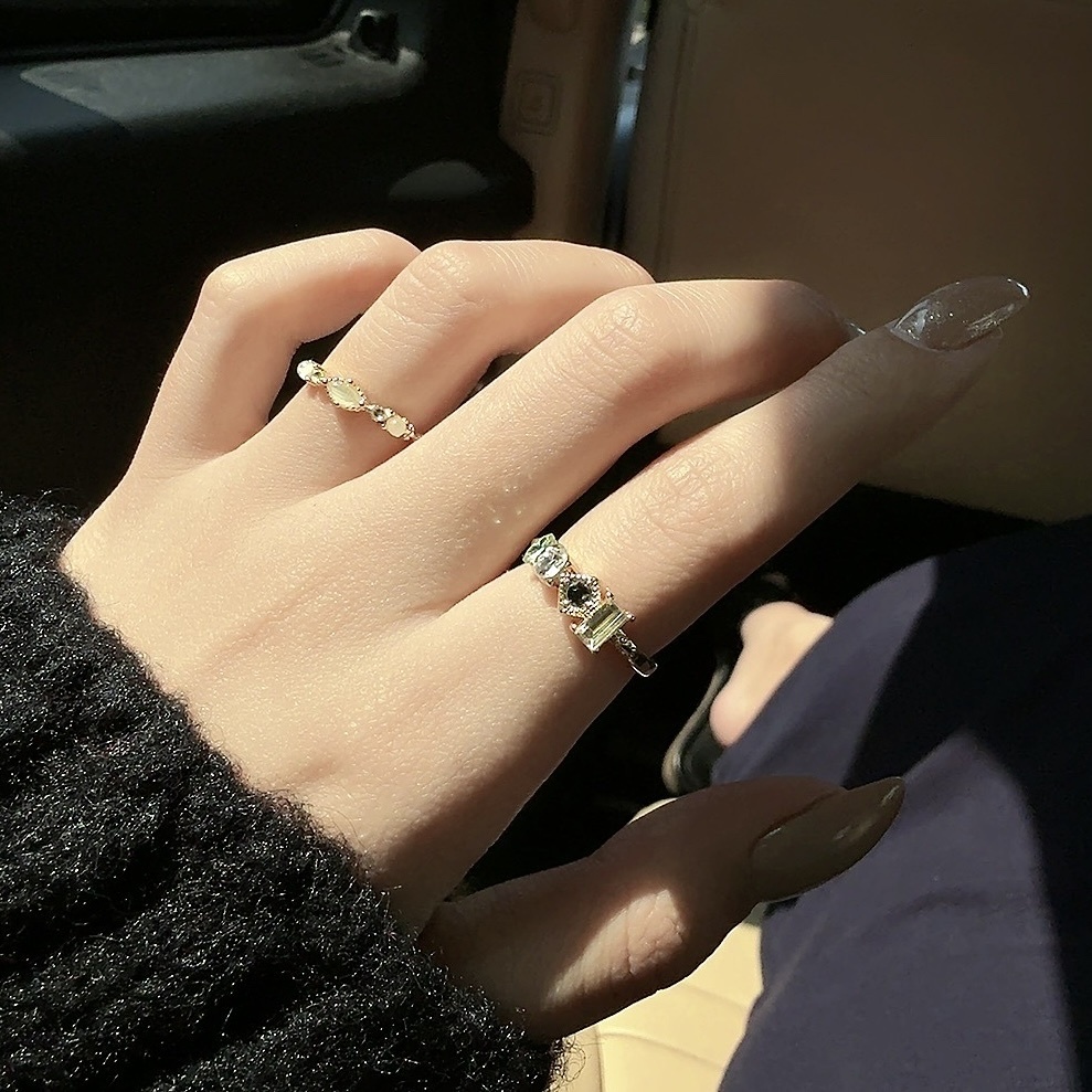 秋冬老錢風”綠藍晶透白玉寶石立體開口戒set