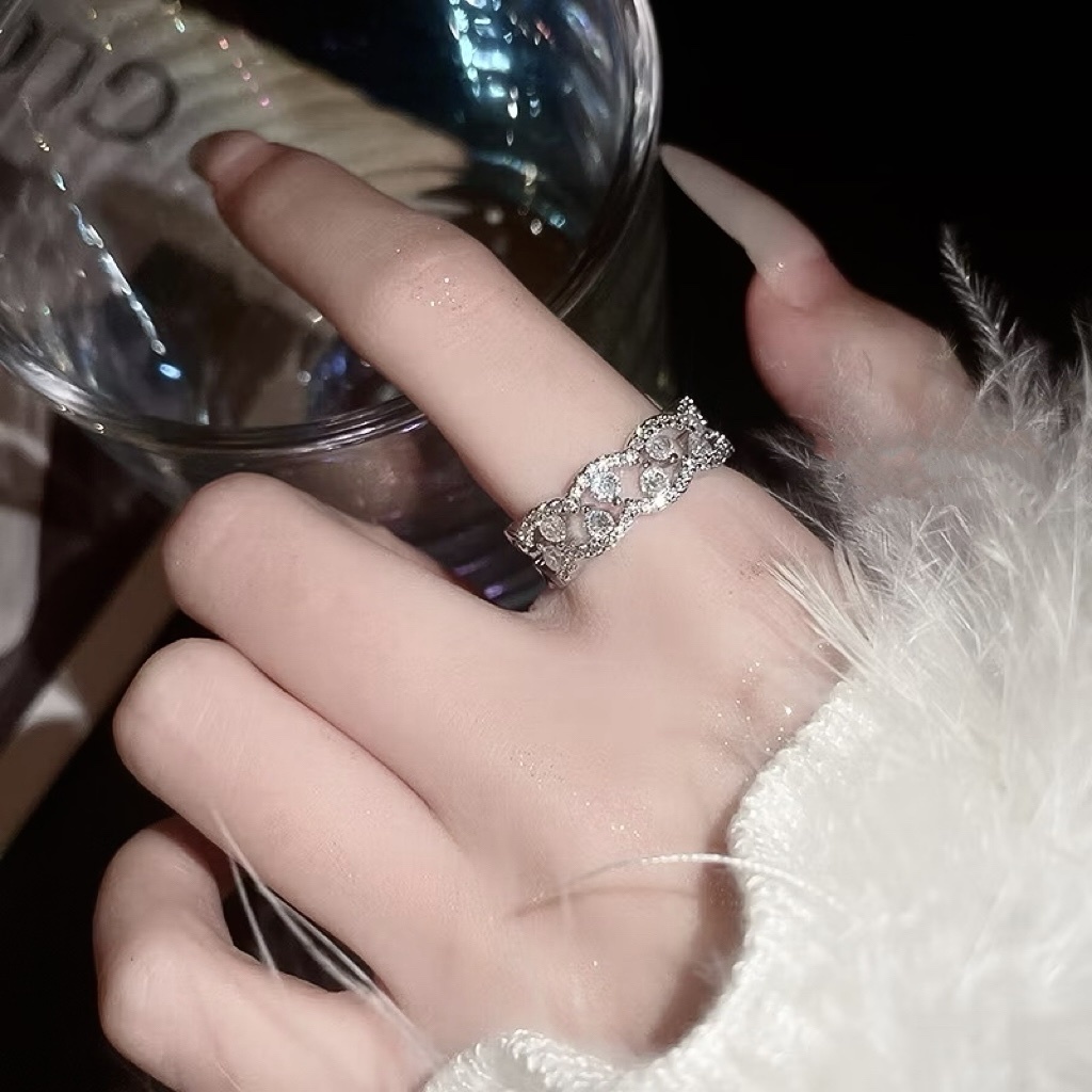 silver鏤空蕾絲花邊銀鑽開口款戒/現貨4