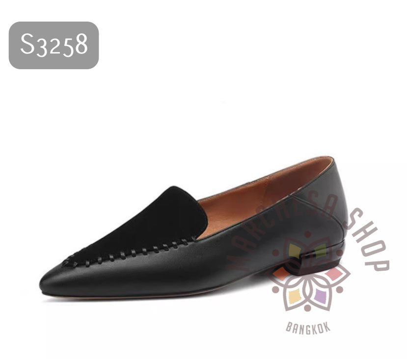 S3258 - 全真皮羊猄拼皮針線尖頭平底鞋