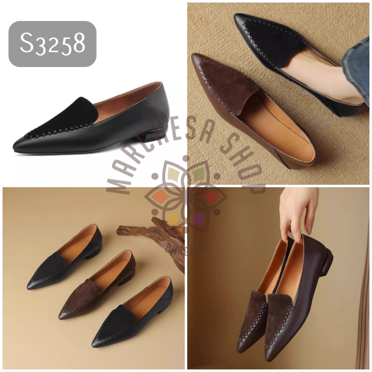 S3258 - 全真皮羊猄拼皮針線尖頭平底鞋