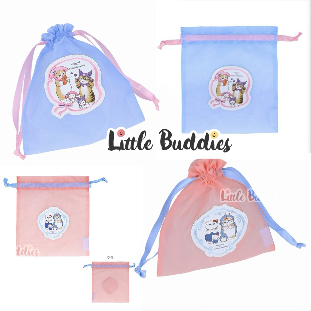 日本 Sanrio x mofusand 繡章網底透明束繩袋