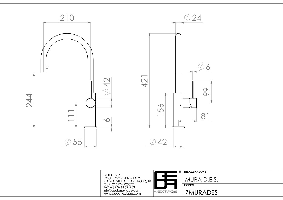 Geda 廚房水槽龍頭 意大利 - 尺寸圖