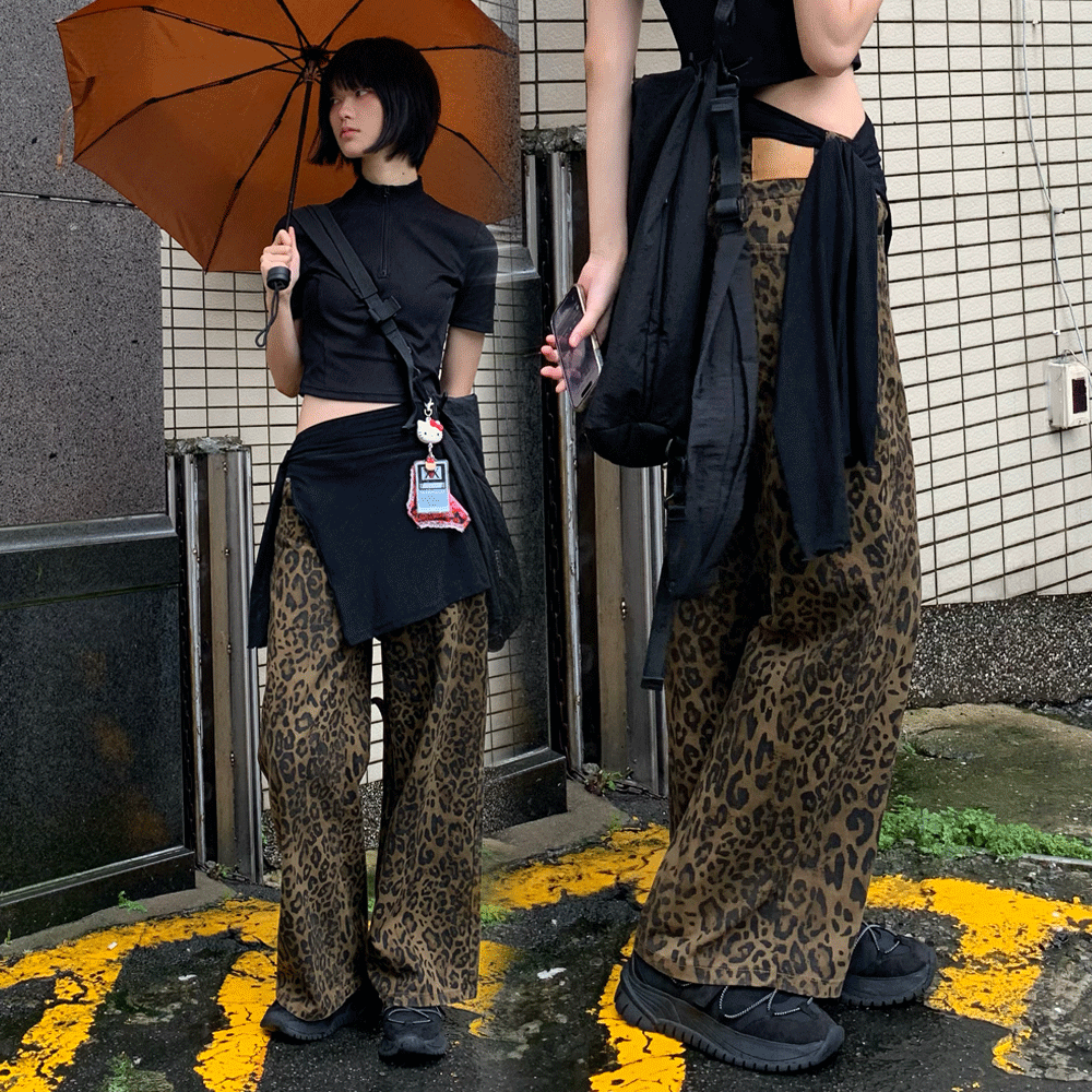 豹紋寬管長褲