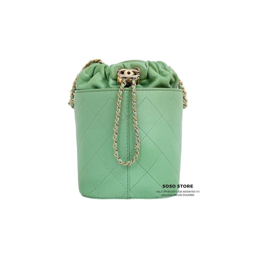 Chanel Drawstring CC Quilted Bucket Bag - Green / Ghw