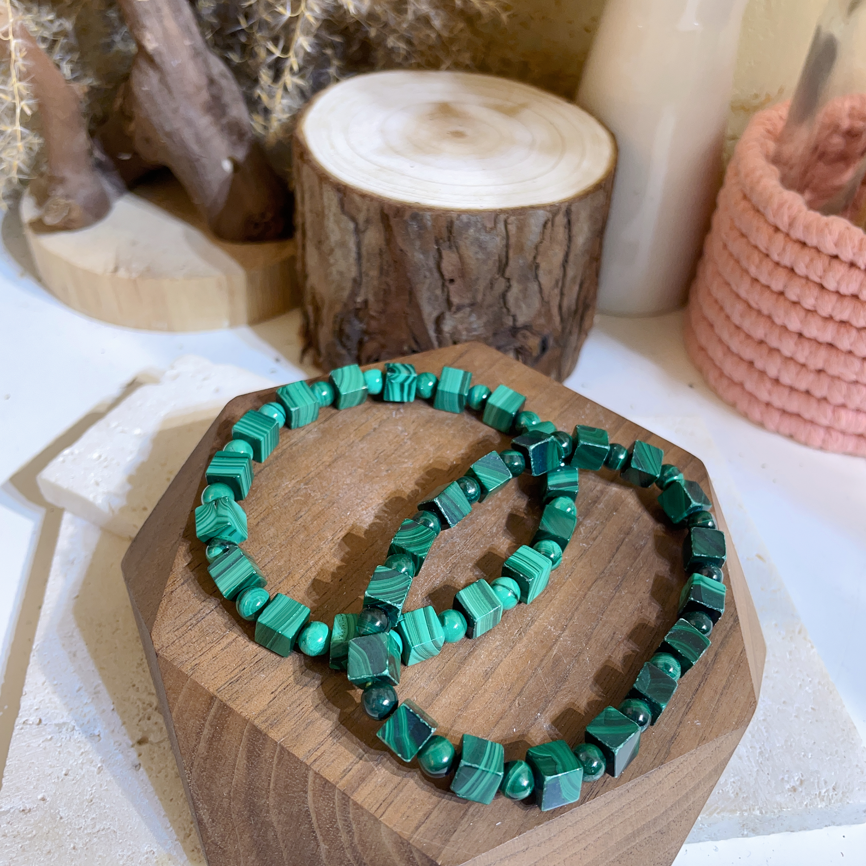 孔雀石方糖隔珠手串 5+mm