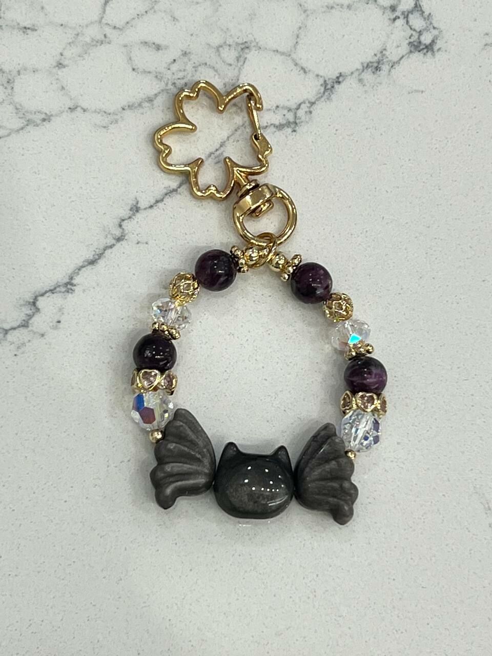[S] GEMZ & CO ZBB LEPIDOLITE/OBSIDIAN WINGS CAT BAG CHARM, Y266 (Y266)