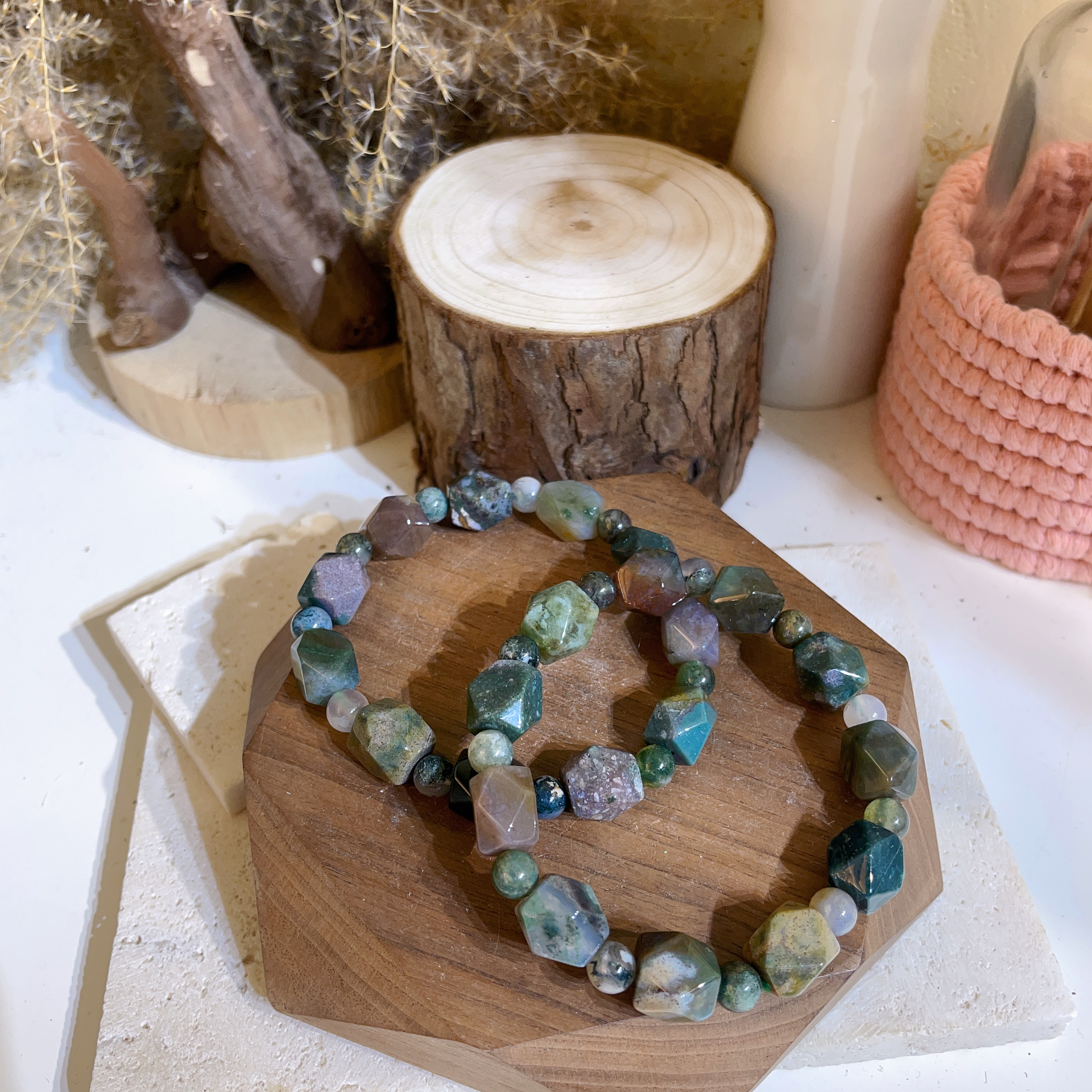 水草瑪瑙桶珠切割手串 9+mm