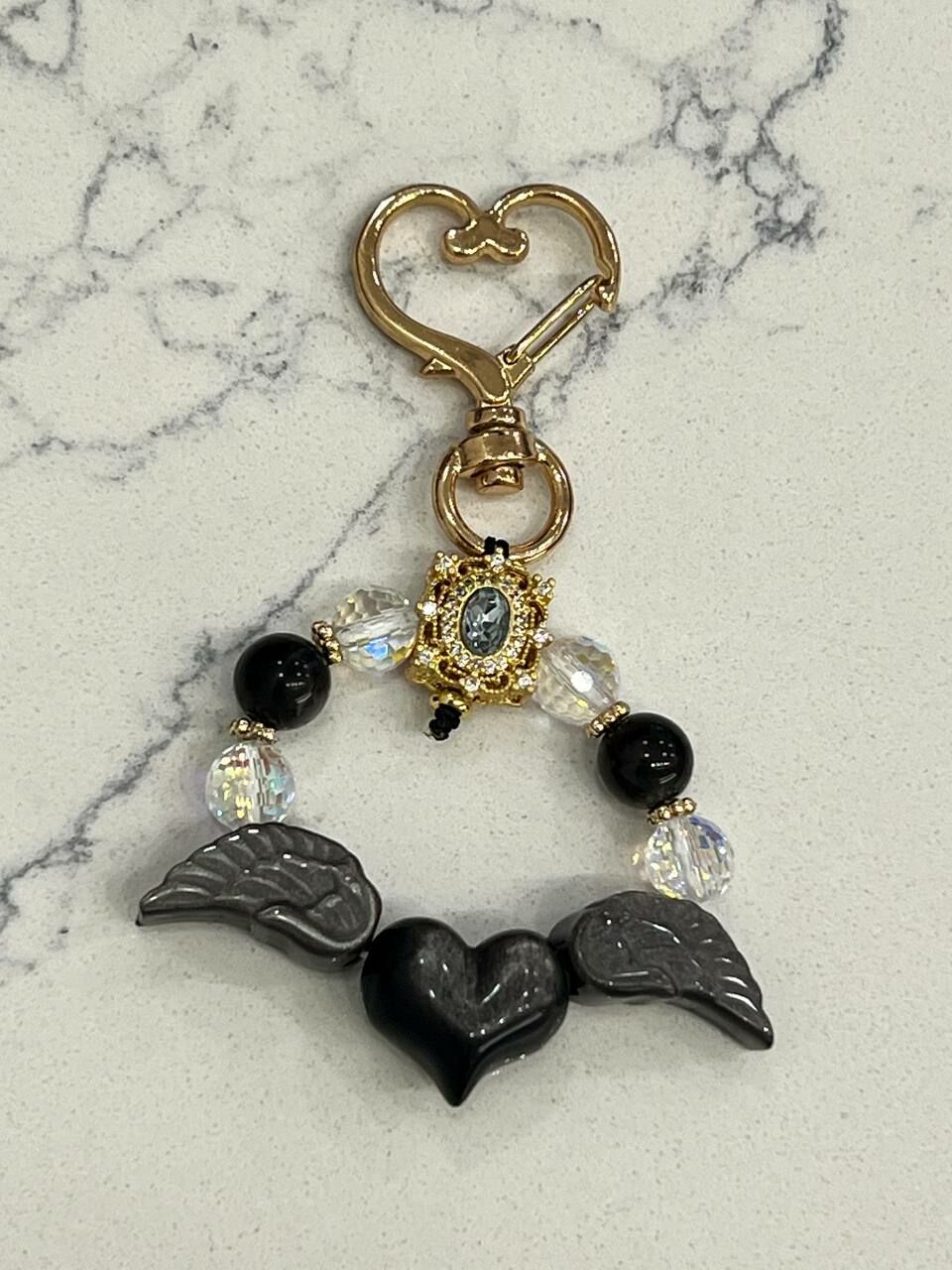 [S] GEMZ & CO ZBB OBSIDIAN FAIRY WINGS HEART BAG CHARM, Y267 (Y267)