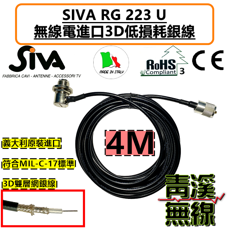 原裝進口 義大利銀線 SIVA RG223 U 4M 訊號線 3D 銀線 訊號線 饋線 超低損耗 RG-223 無線電 車機 對講機 雙層網銀線