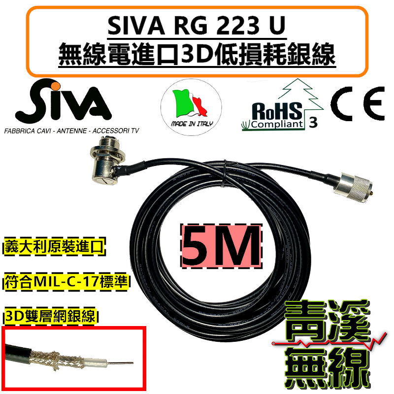 原裝進口 義大利銀線 SIVA RG223 U 5M 訊號線 3D 銀線 訊號線 饋線 超低損耗 RG-223 無線電 車機 對講機 雙層網銀線