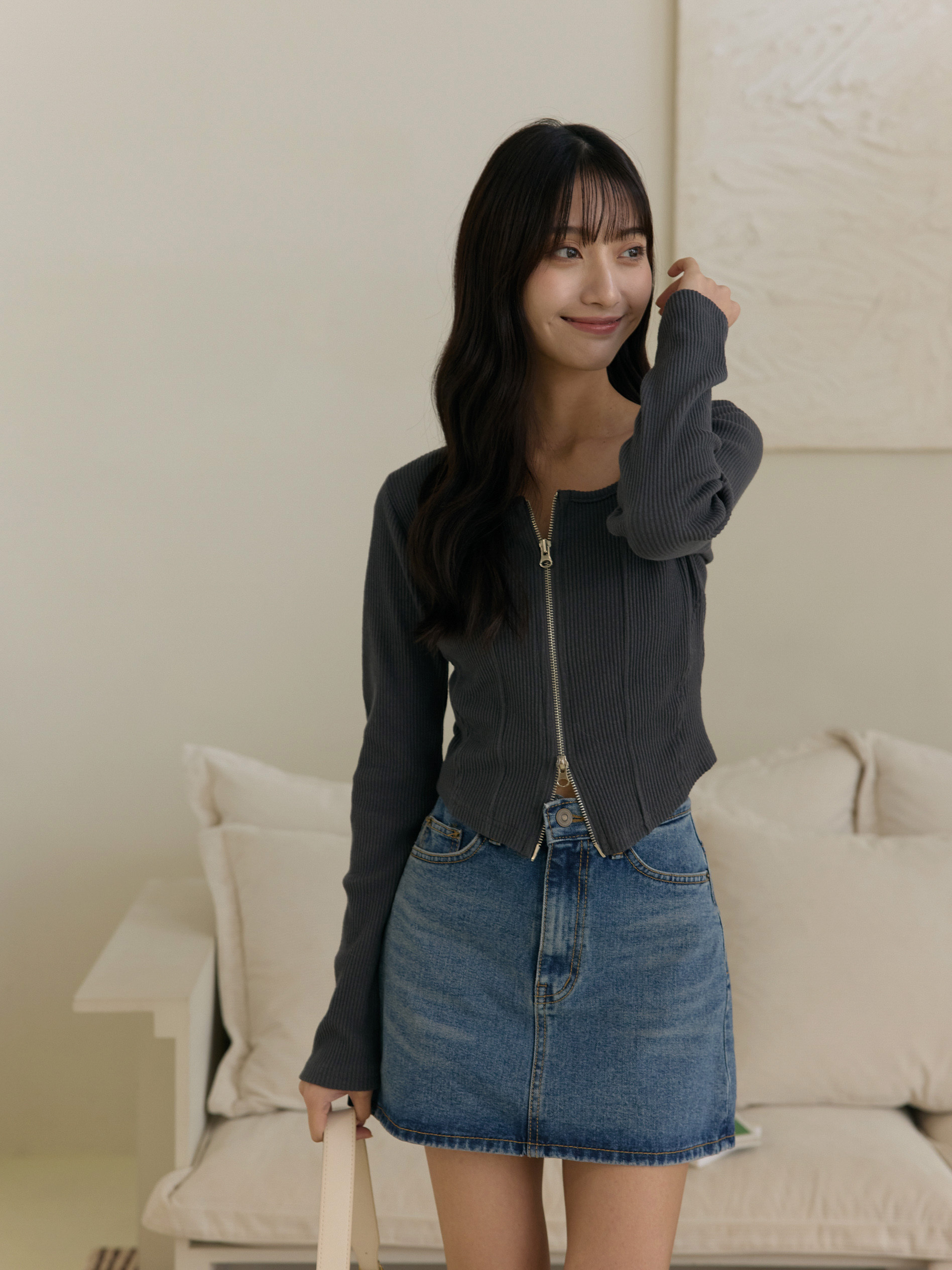 小方領雙拉鍊合身上衣